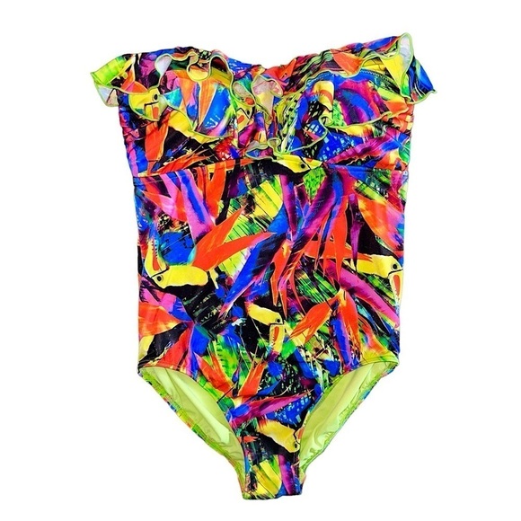 SEAFOLLY Australia Colorful Tropical Toucan Strapless Ruffle One Piece Swim Suit - Picture 1 of 9